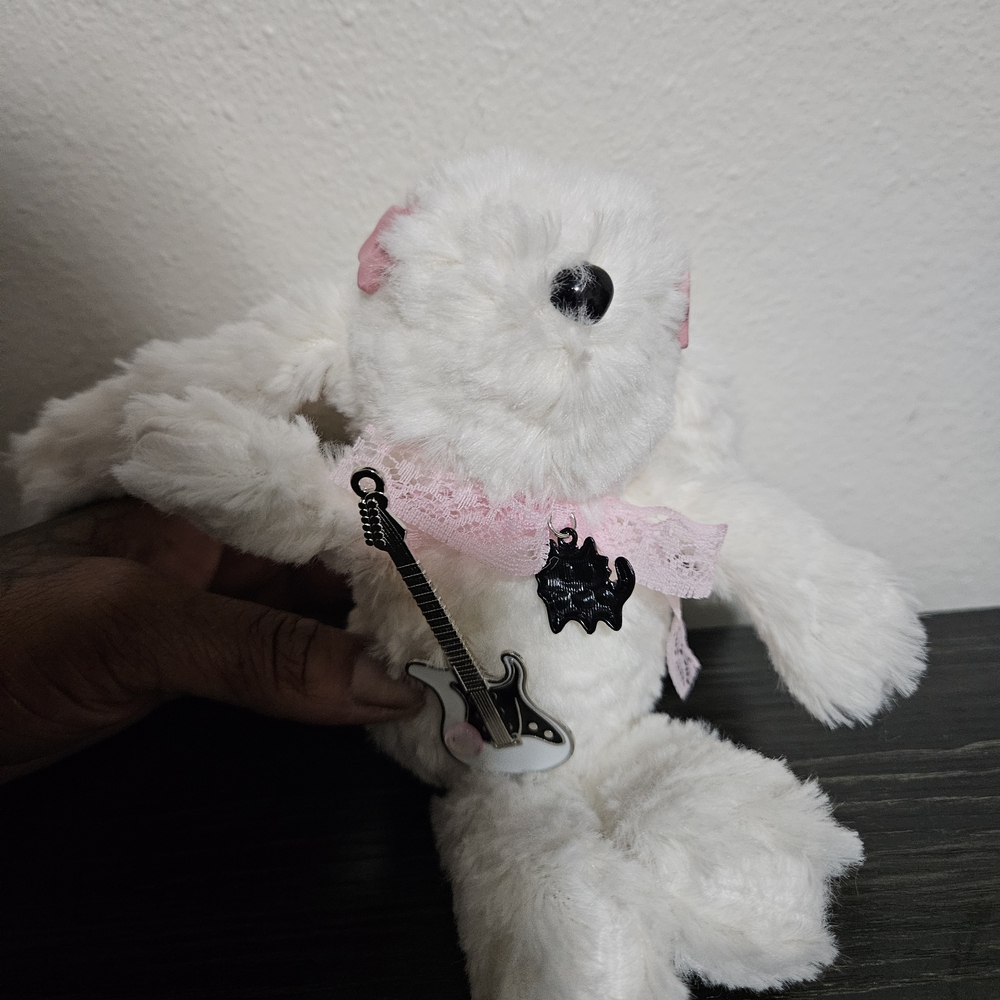 White Teddy Bear Keychain with Pink Accents and Guitar